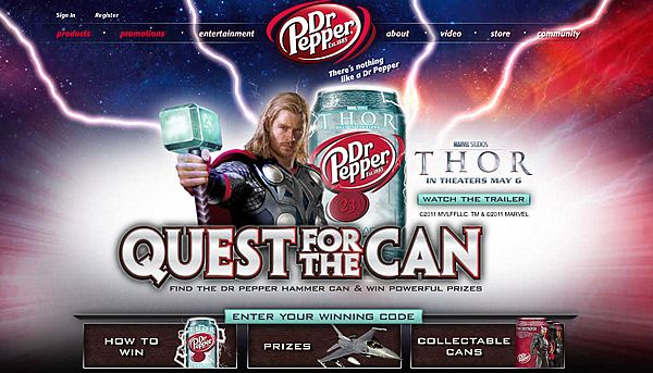 Dr. Pepper promotion for the movie Thor. Prizes include L-39 jet fighter flight from Incredible Adventures.