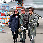 Simone and Chang stand in front of the MiG-29 with Top Sokol Test Pilot Sergey Kara. The two won MiG edge of space flights in a contest sponsored by Intel.