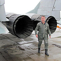 Dave celebrated his 50th birthday in a MiG-29 over Russia. He wore a pressure suit for his climb to the edge of space.