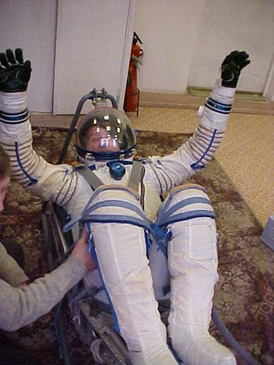 Wearing a full cosmonaut space suit is harder than it looks.